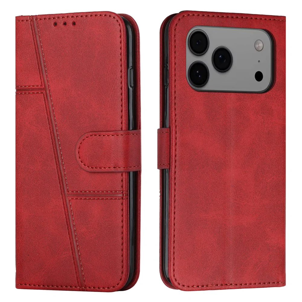 For iPhone 17 Pro Max Leather Phone Case Foldable Stand Wallet Flip Cover with Strap - Red