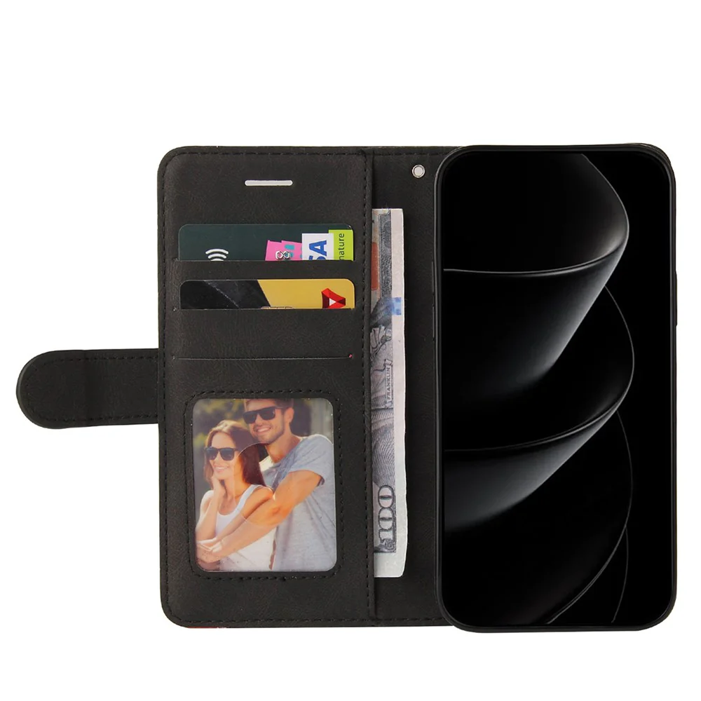 For iPhone 17 Pro Max Leather Phone Case Stand Wallet with Bi-colour Splicing Design - Black - Image 2