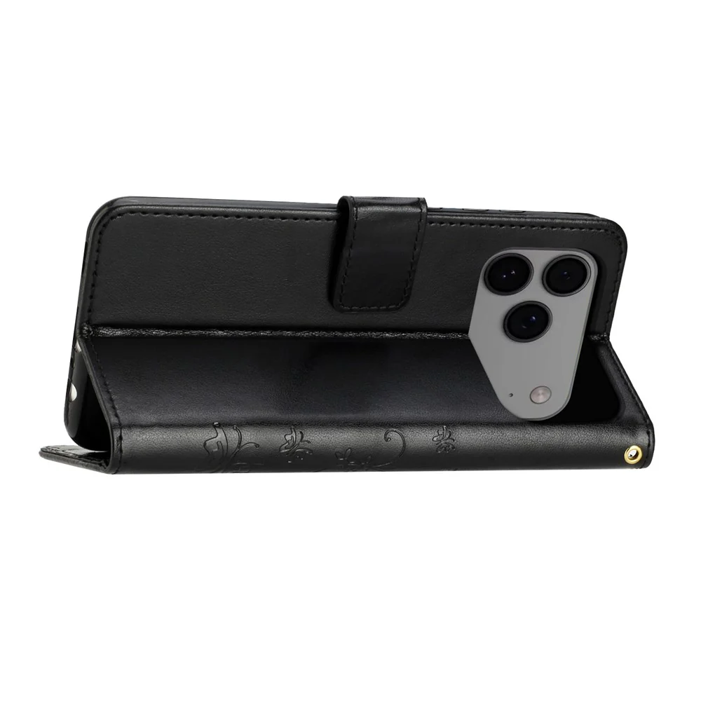 For iPhone 17 Pro Max Leather Wallet Case Butterfly Flower Imprinted Phone Cover with Strap - Black - Image 3