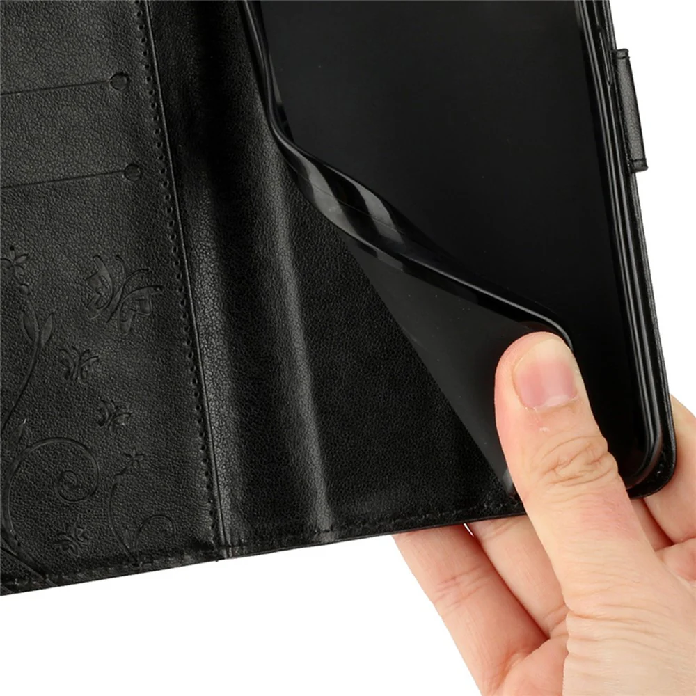 For iPhone 17 Pro Max Leather Wallet Case Butterfly Flower Imprinted Phone Cover with Strap - Black - Image 5