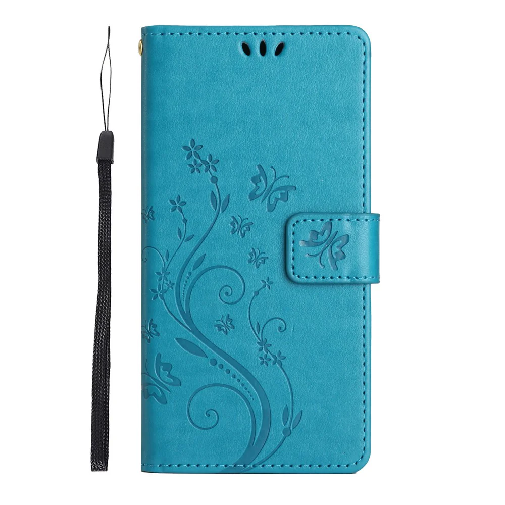 For iPhone 17 Pro Max Leather Wallet Case Butterfly Flower Imprinted Phone Cover with Strap - Blue - Image 6