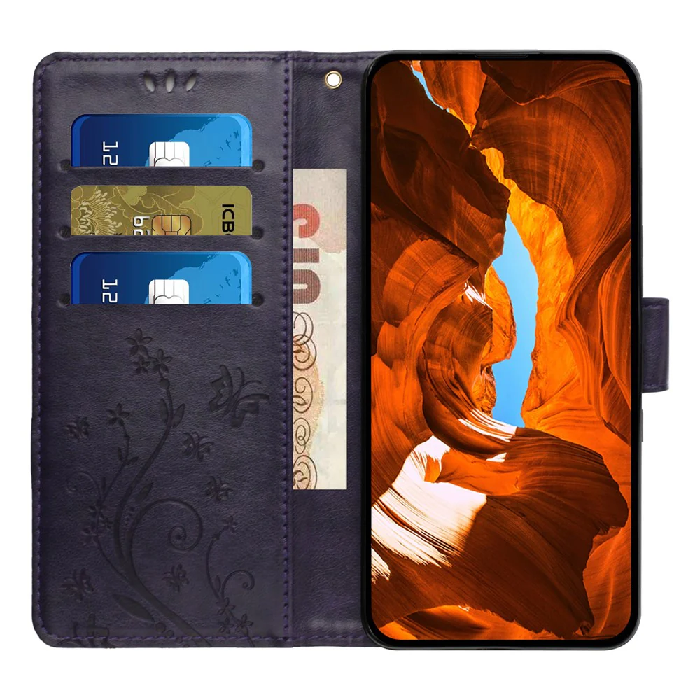 For iPhone 17 Pro Max Leather Wallet Case Butterfly Flower Imprinted Phone Cover with Strap - Dark Purple - Image 2