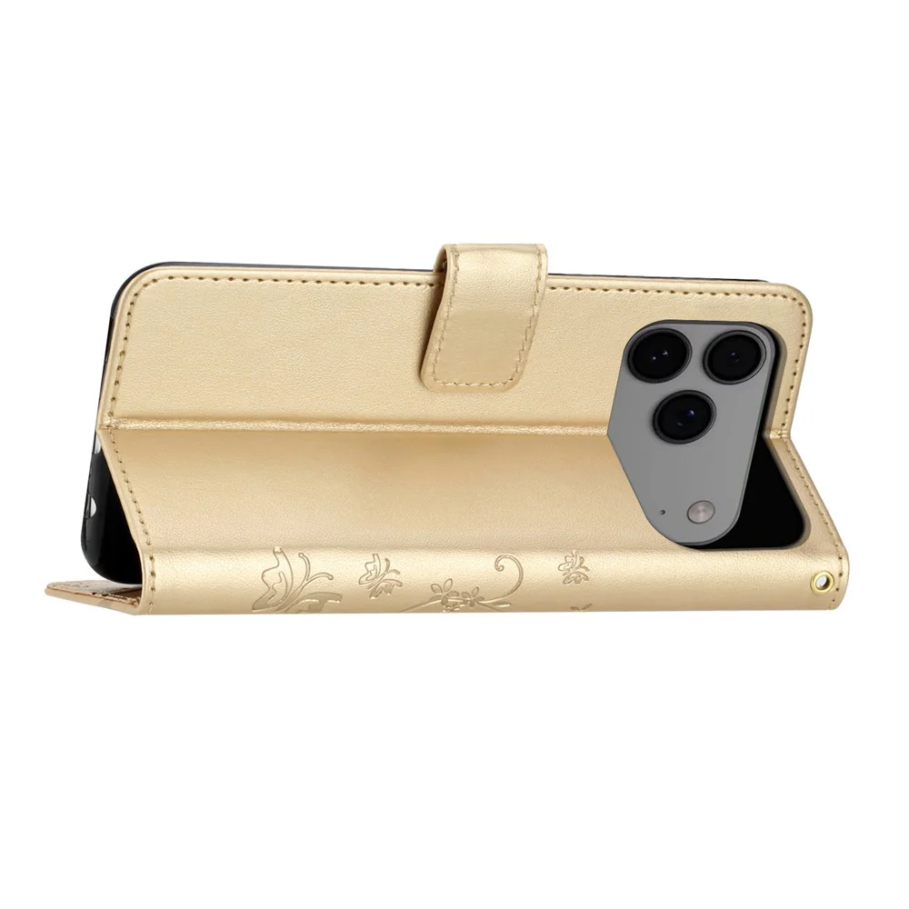 For iPhone 17 Pro Max Leather Wallet Case Butterfly Flower Imprinted Phone Cover with Strap - Gold - Image 3