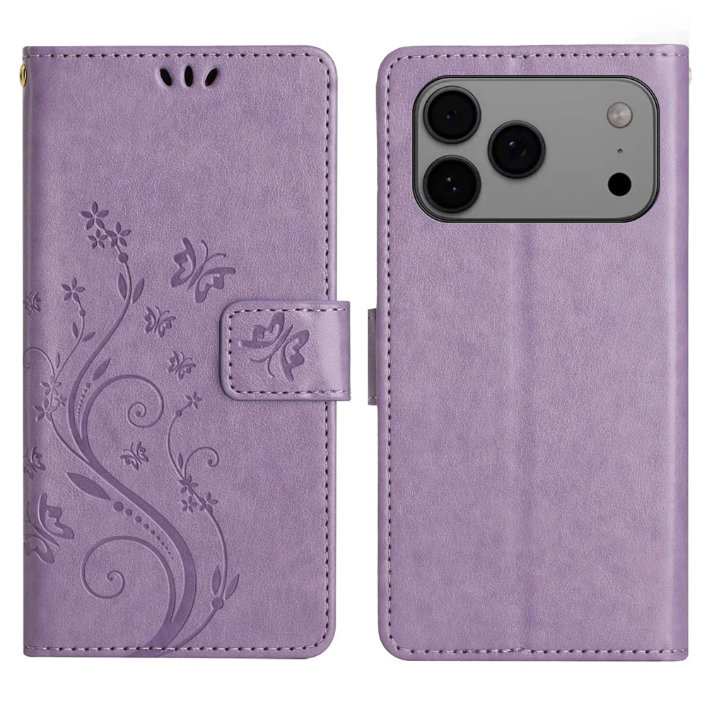 For iPhone 17 Pro Max Leather Wallet Case Butterfly Flower Imprinted Phone Cover with Strap - Light Purple