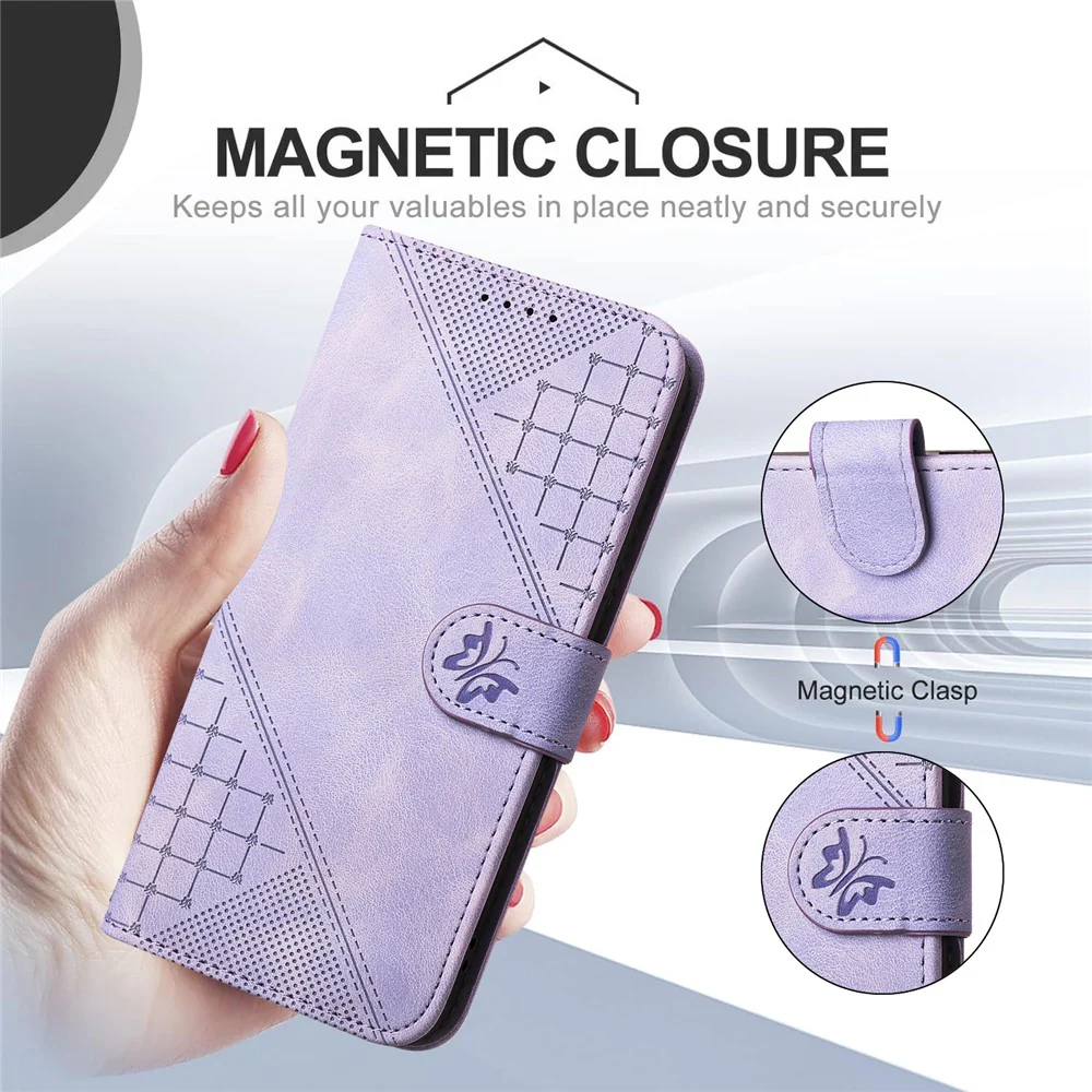 For iPhone 17 Pro Max Leather Wallet Case Butterfly Flower Imprinted Phone Cover with Strap - Purple - Image 2