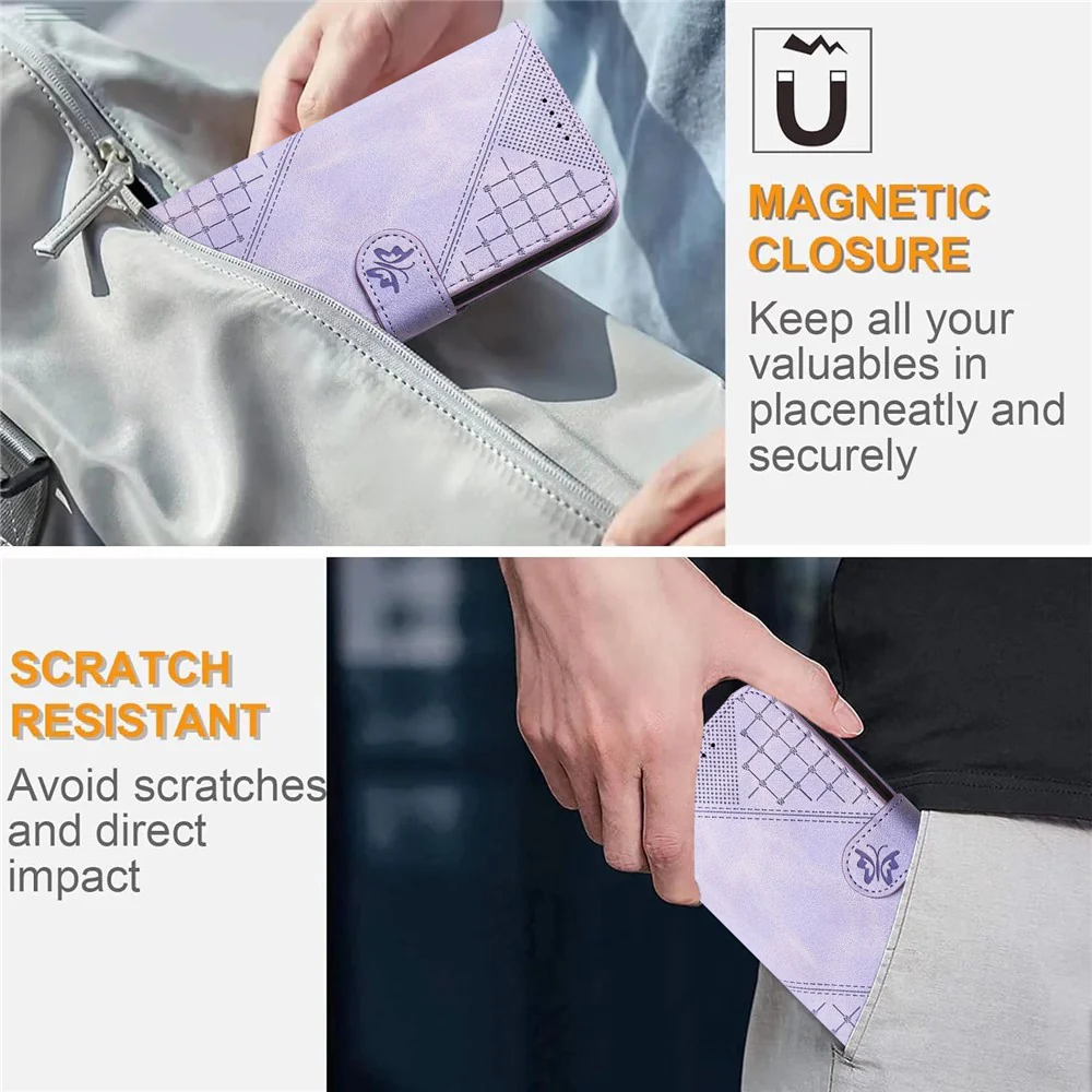 For iPhone 17 Pro Max Leather Wallet Case Butterfly Flower Imprinted Phone Cover with Strap - Purple - Image 4