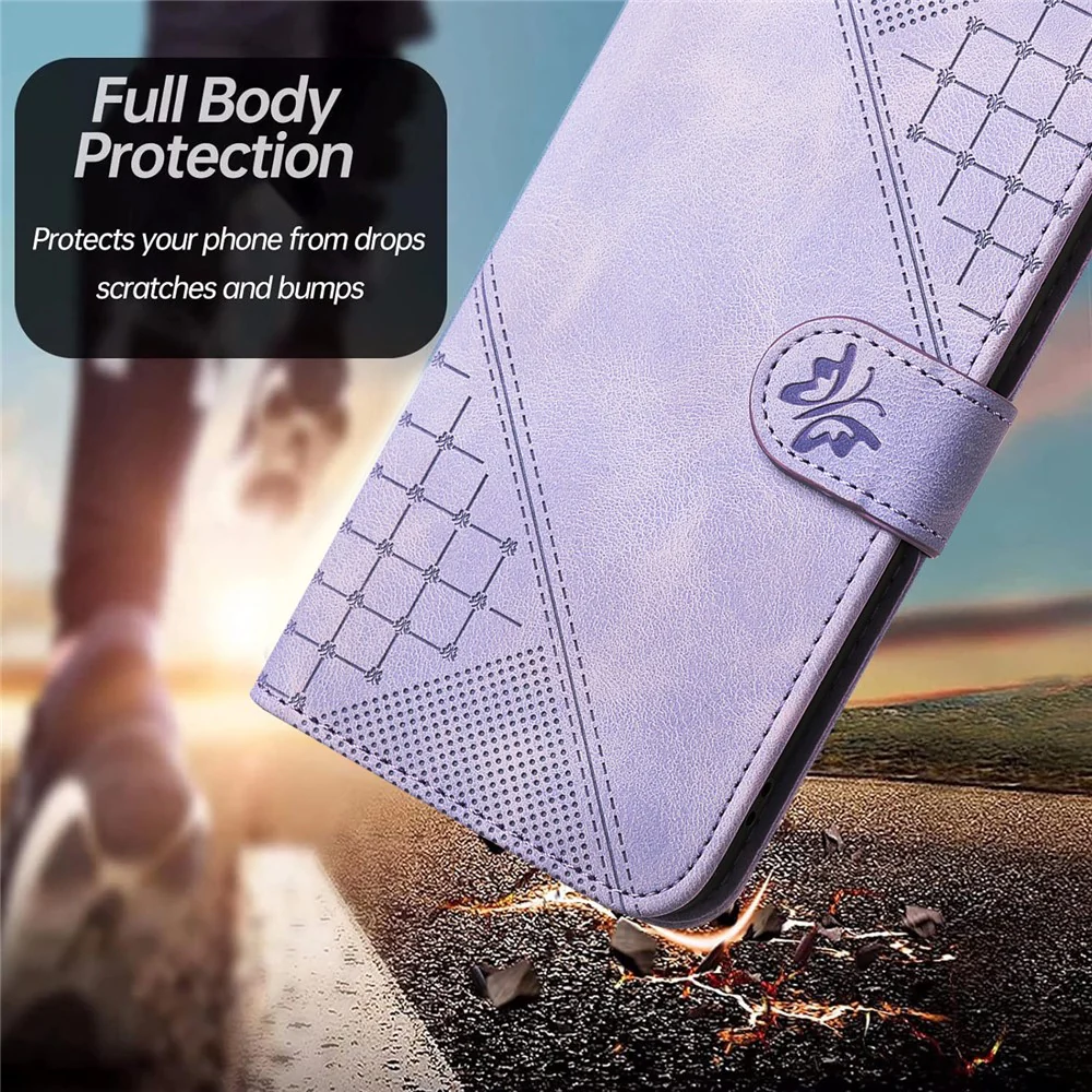 For iPhone 17 Pro Max Leather Wallet Case Butterfly Flower Imprinted Phone Cover with Strap - Purple - Image 5