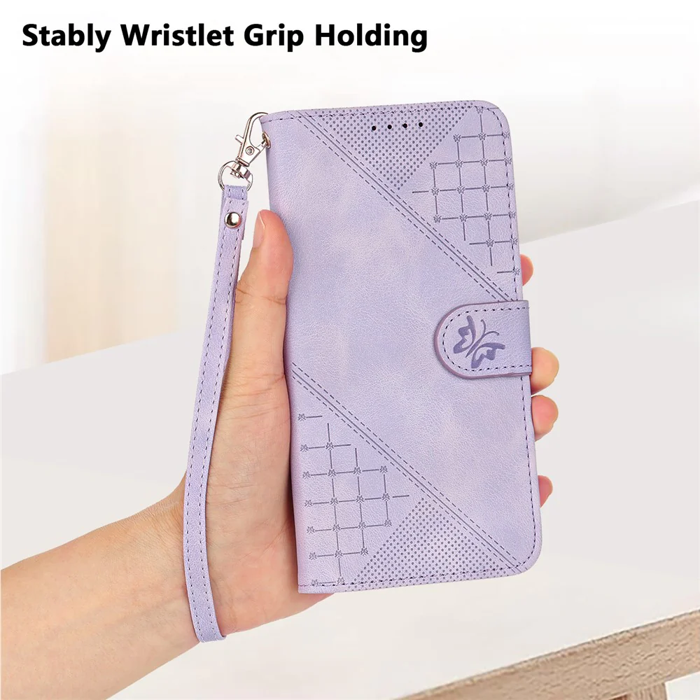 For iPhone 17 Pro Max Leather Wallet Case Butterfly Flower Imprinted Phone Cover with Strap - Purple - Image 7