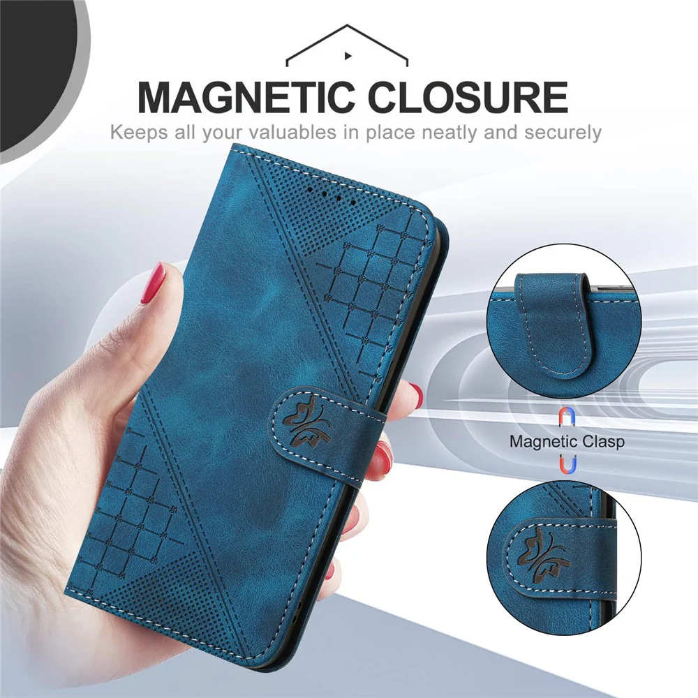 For iPhone 17 Pro Max Leather Wallet Case Butterfly Flower Imprinted Phone Cover with Strap - Royal Blue - Image 2