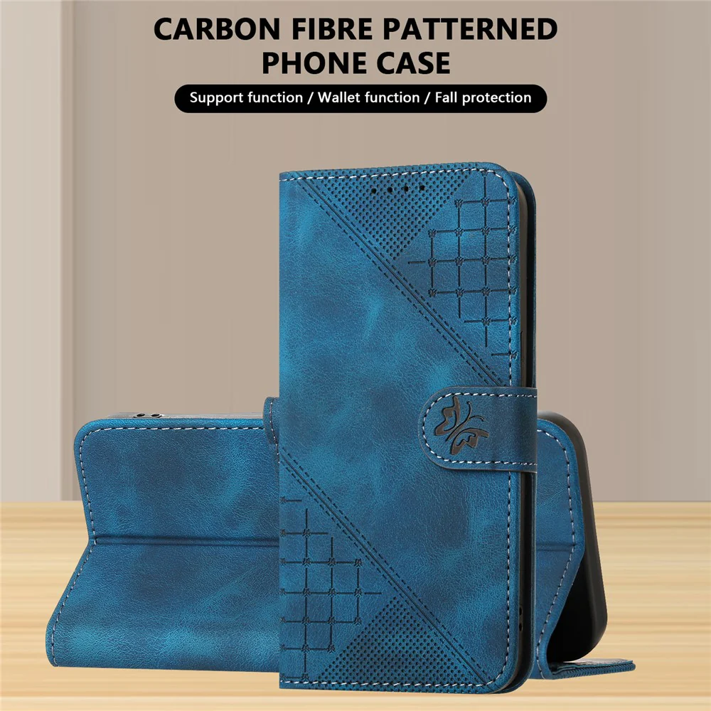For iPhone 17 Pro Max Leather Wallet Case Butterfly Flower Imprinted Phone Cover with Strap - Royal Blue - Image 6