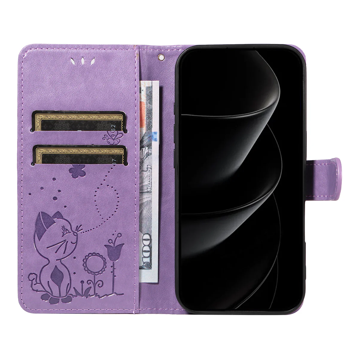 For iPhone 17 Pro Max Leather Wallet Case Cat Bee Pattern Phone Cover Stand - Purple - Image 2