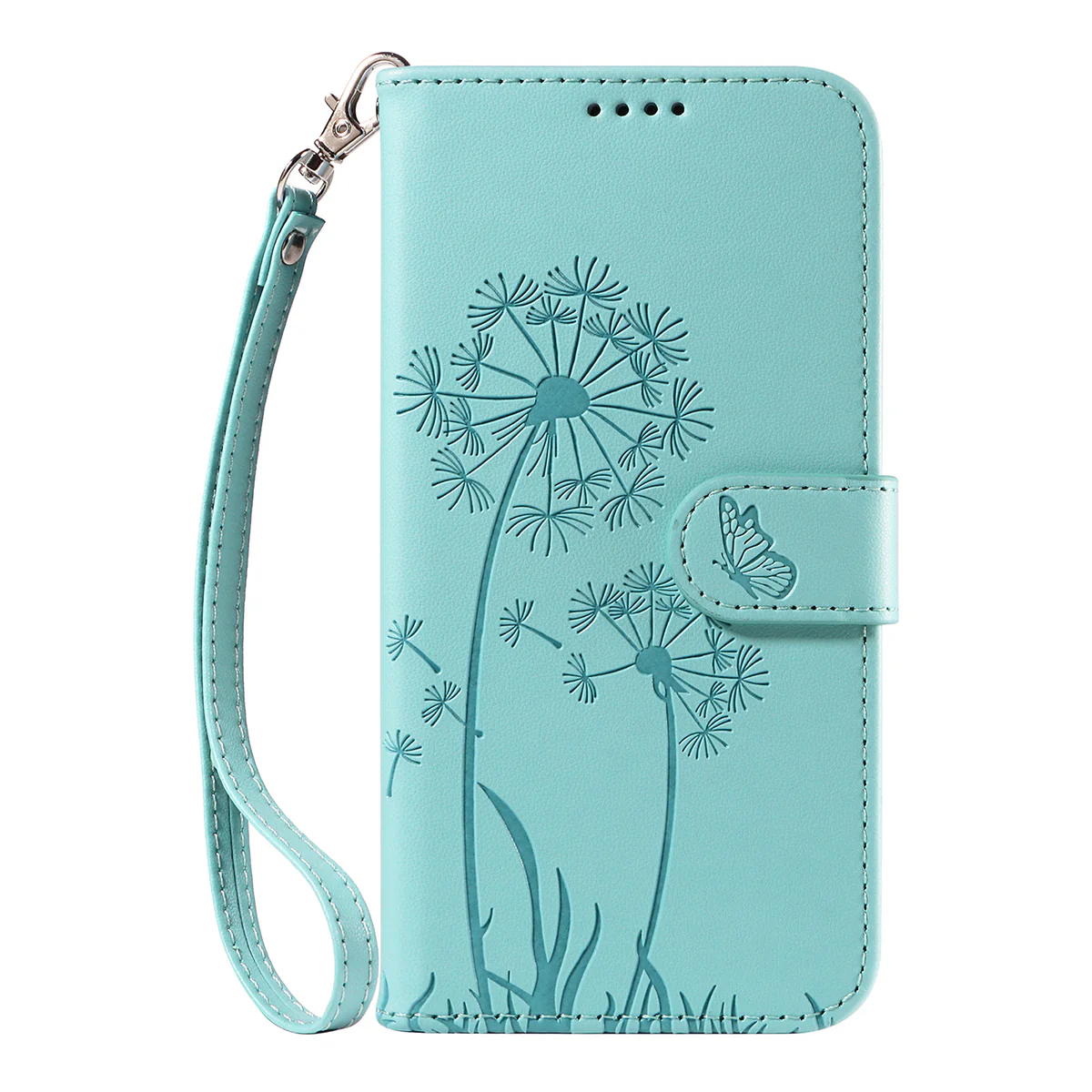 For iPhone 17 Pro Max Leather Wallet Case with Strap Dandelion Imprint Phone Stand Cover - Green - Image 6