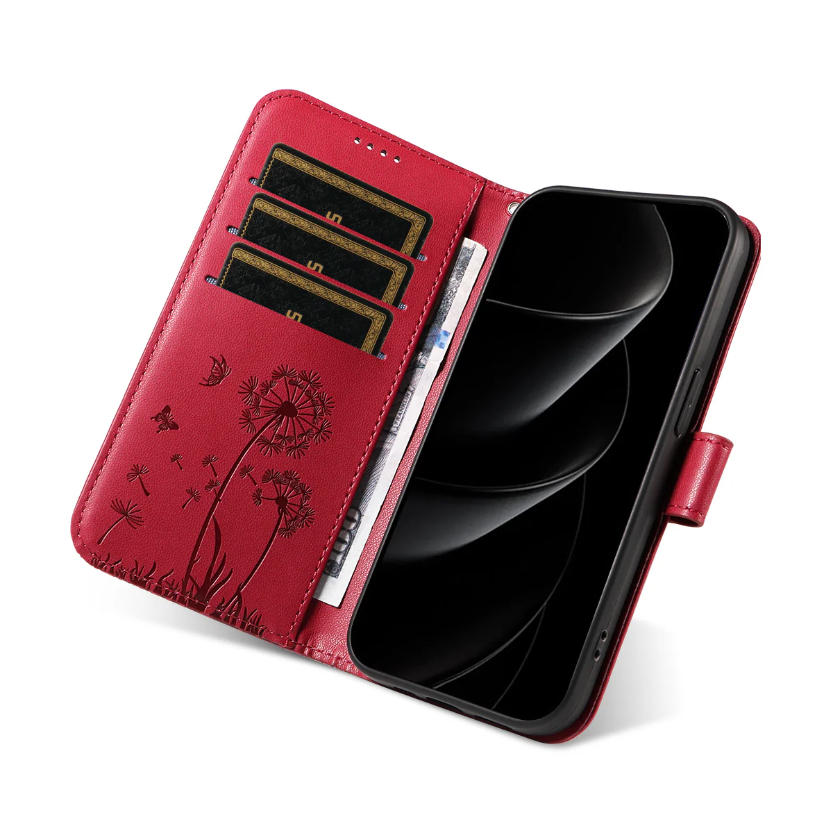 For iPhone 17 Pro Max Leather Wallet Case with Strap Dandelion Imprint Phone Stand Cover - Red - Image 8