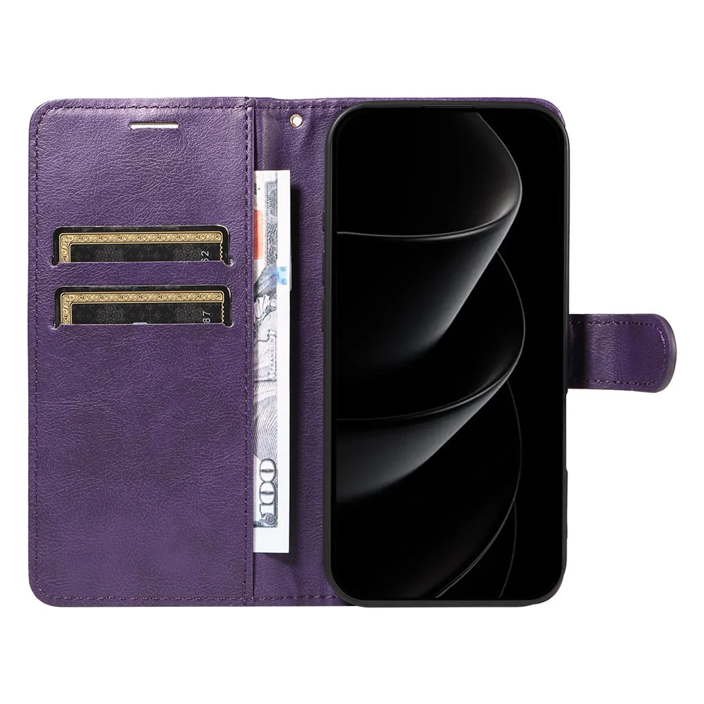 For iPhone 17 Pro Max Leather Wallet Case with Strap Solid Color Phone Stand Cover - Purple - Image 2