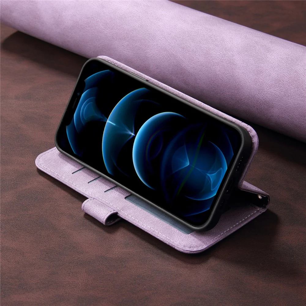 For iPhone 17 Pro Max Leather Wallet Cases Skin Touch Phone Cover Stand with Strap - Purple - Image 7
