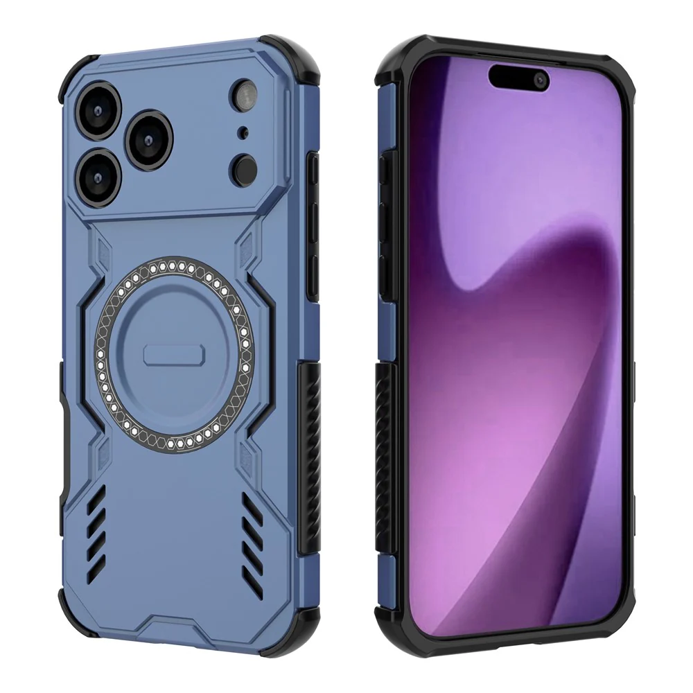 For iPhone 17 Pro Max Magnetic Case Butterfly Armor Hollow Heat Dissipation PC + TPU Phone Cover - Blue - Image 2