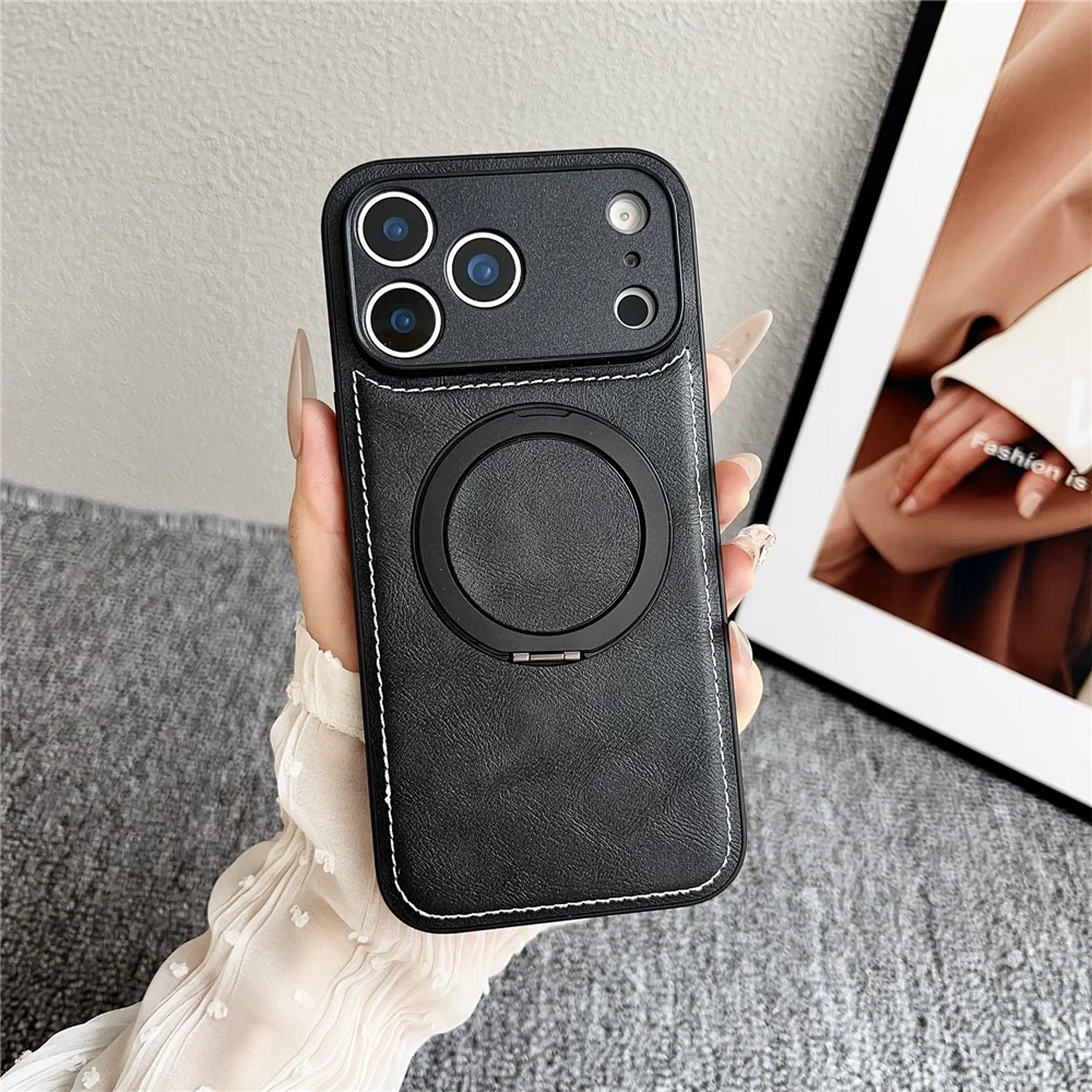 For iPhone 17 Pro Max Magnetic Case Calf Texture PU + TPU + PC Kickstand Phone Cover - Black