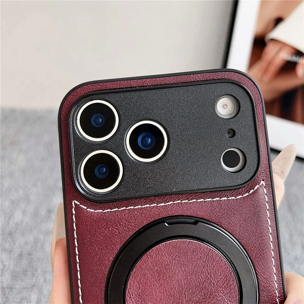 For iPhone 17 Pro Max Magnetic Case Calf Texture PU + TPU + PC Kickstand Phone Cover - Black - Image 5