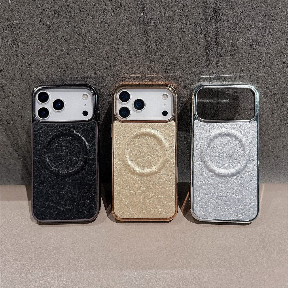 For iPhone 17 Pro Max Magnetic Case Electroplated Crackle Litchi Texture PU TPU PC Phone Back Cover - Black - Image 6