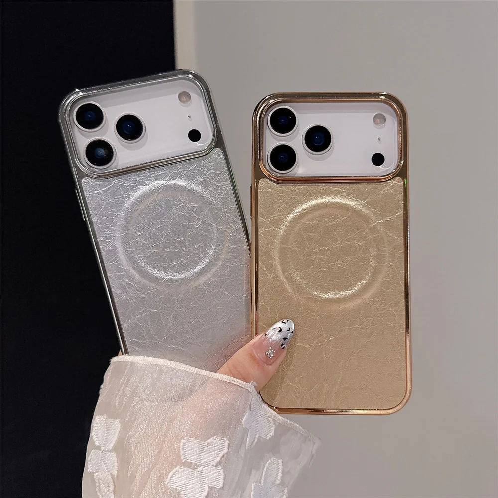 For iPhone 17 Pro Max Magnetic Case Electroplated Crackle Litchi Texture PU TPU PC Phone Back Cover - Gold - Image 4