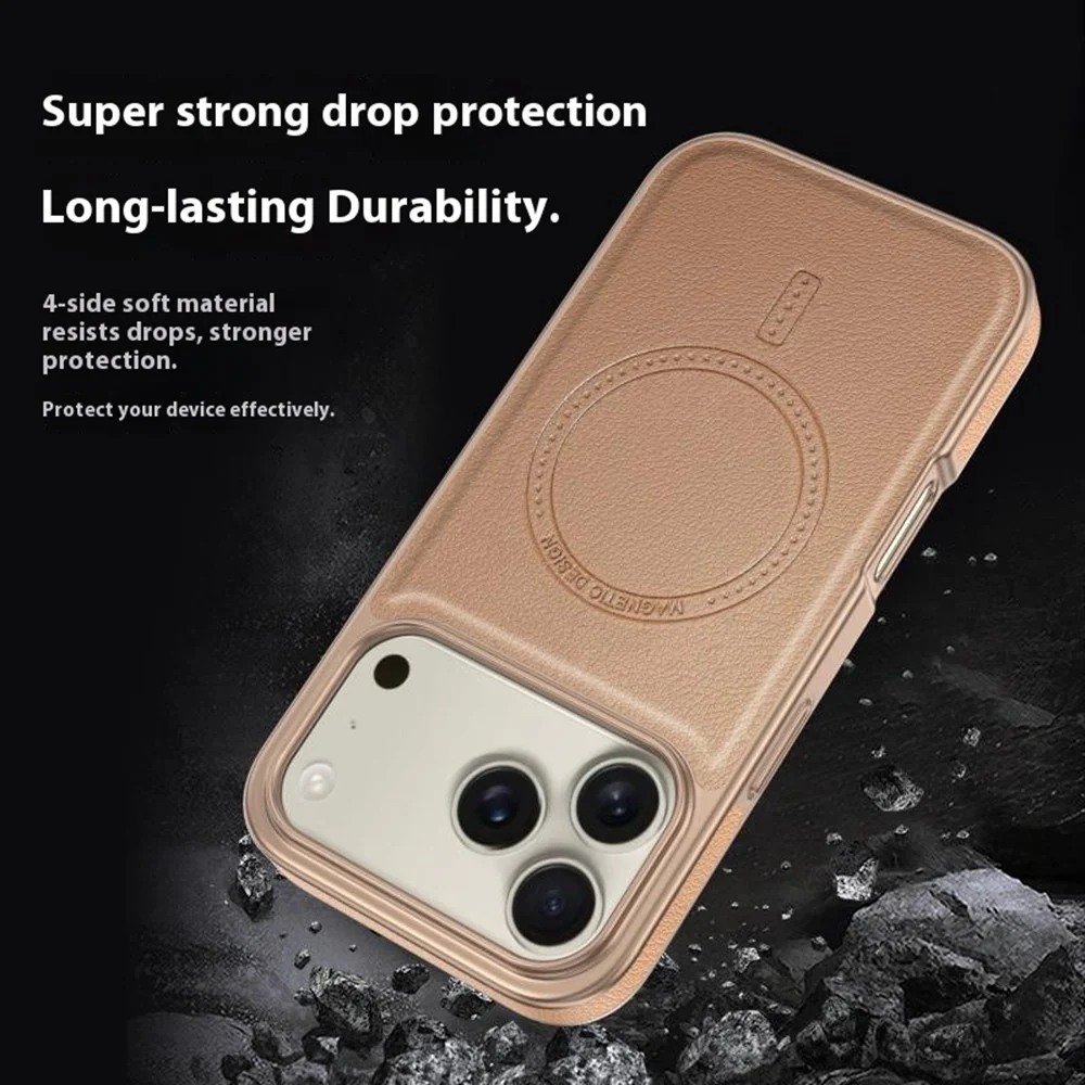 For iPhone 17 Pro Max Magnetic Case Electroplating Edge PU + TPU + PC Phone Cover - Desert Gold - Image 6