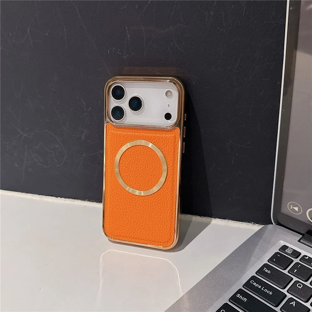 For iPhone 17 Pro Max Magnetic Case Electroplating Litchi Texture PU TPU PC Phone Back Cover - Gold - Image 2