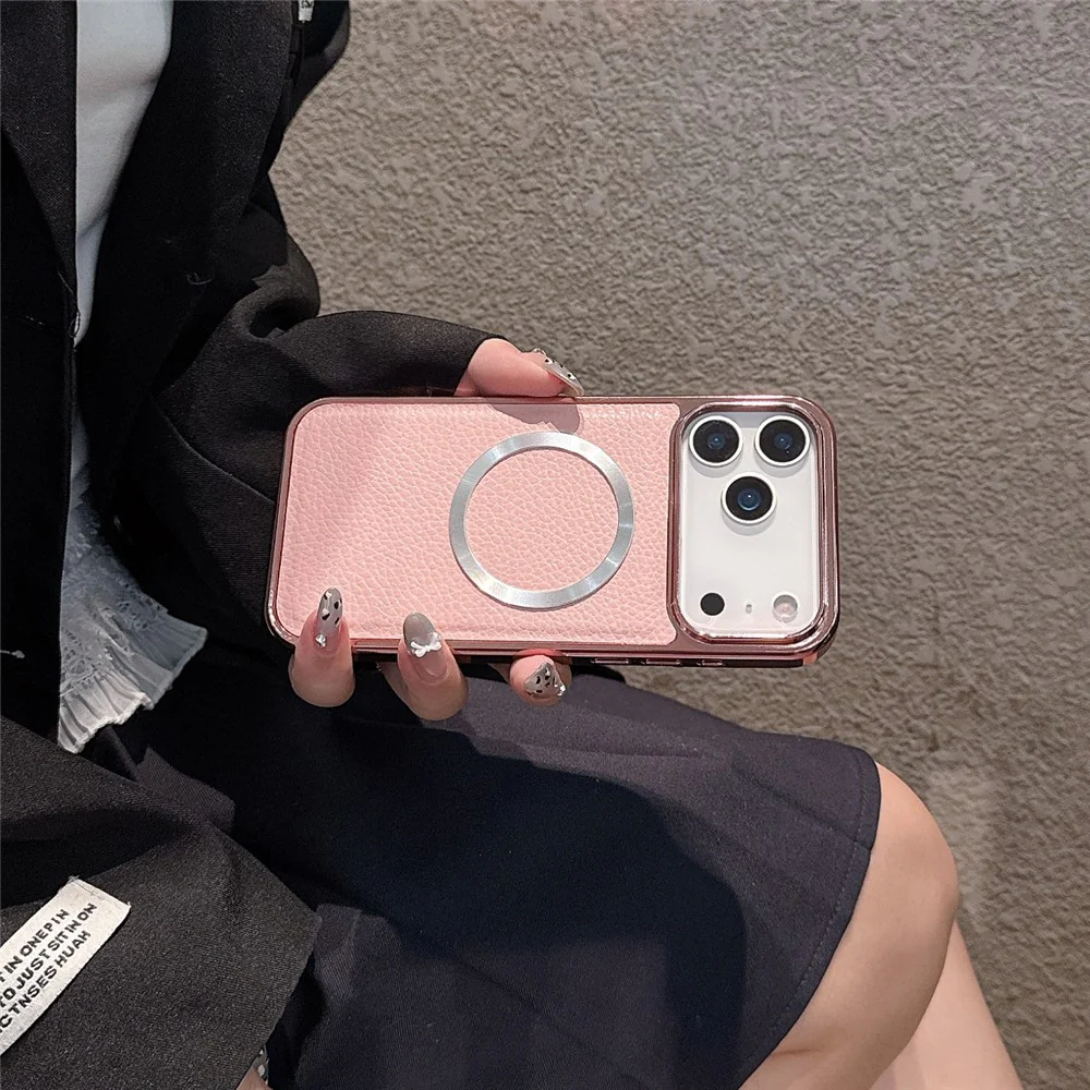 For iPhone 17 Pro Max Magnetic Case Electroplating Litchi Texture PU TPU PC Phone Back Cover - Pink - Image 2