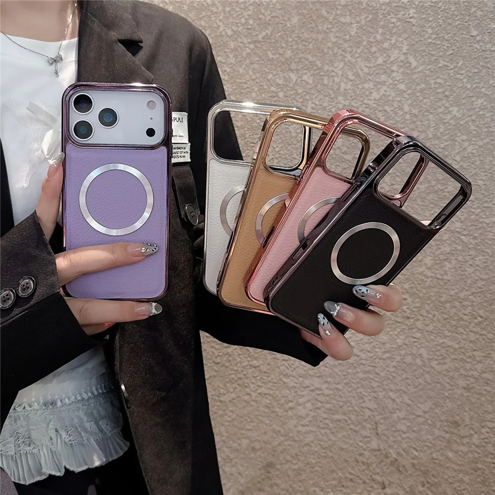 For iPhone 17 Pro Max Magnetic Case Electroplating Litchi Texture PU TPU PC Phone Back Cover - Silver - Image 3