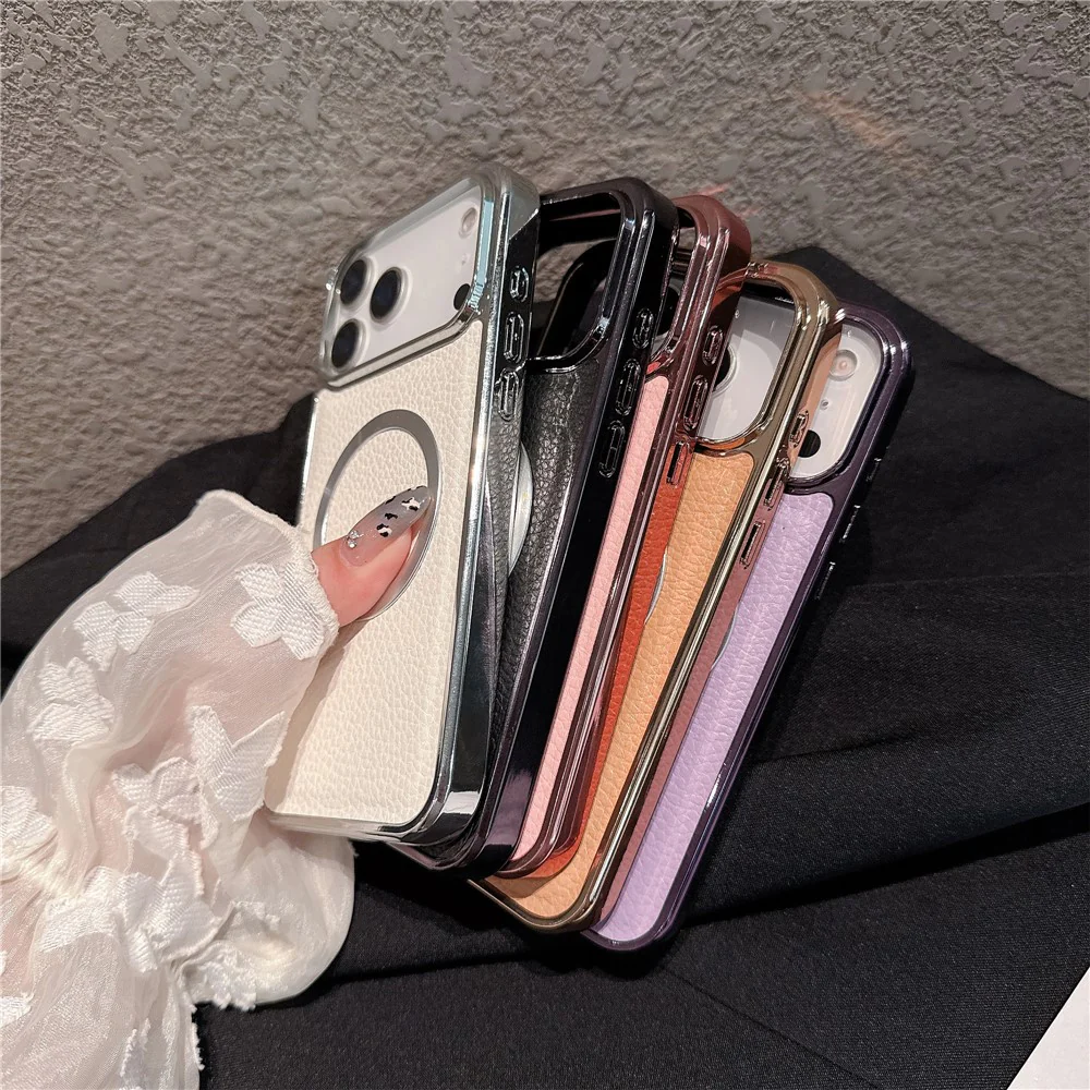 For iPhone 17 Pro Max Magnetic Case Electroplating Litchi Texture PU TPU PC Phone Back Cover - Silver - Image 5