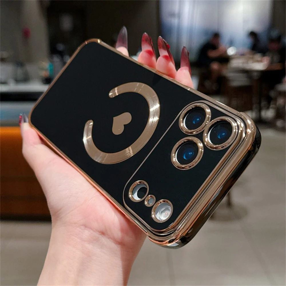 For iPhone 17 Pro Max Magnetic Case Electroplating Soft TPU Cover with Cute Love Heart - Black - Image 3