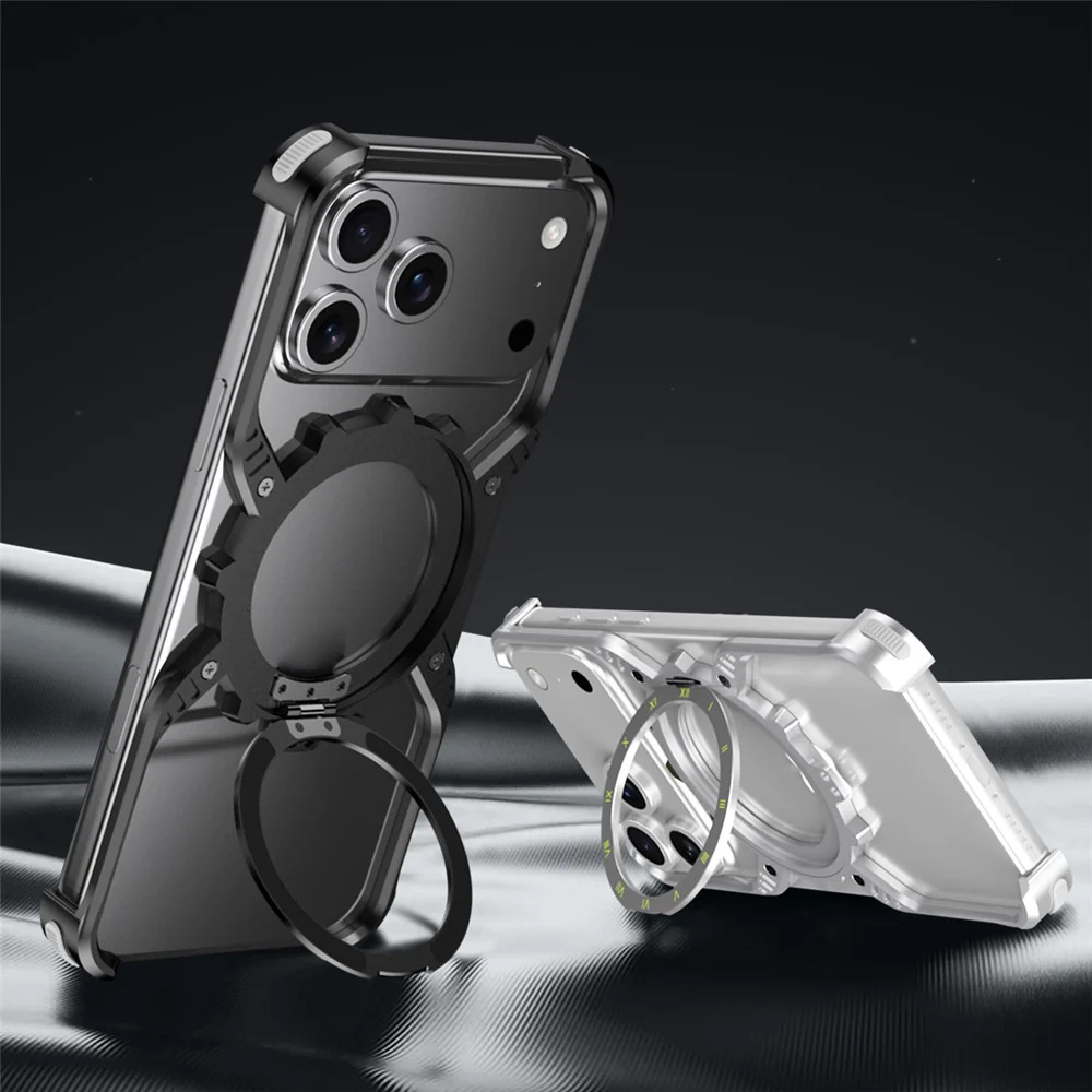 For iPhone 17 Pro Max Magnetic Case Luminous Kickstand Aluminum Alloy X-Shape Bumper Phone Cover - Desert Gold - Image 2