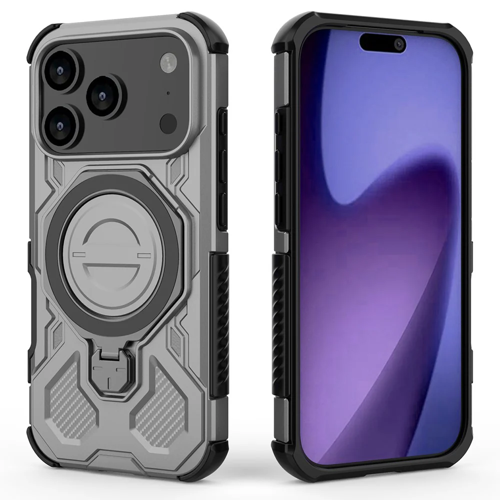 For iPhone 17 Pro Max Magnetic Case Rotating Metal Kickstand Shockproof PC + TPU Phone Back Cover - Grey - Image 4