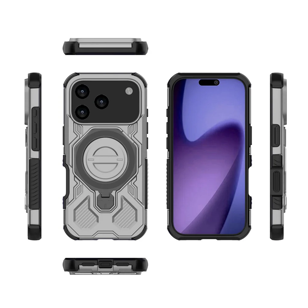 For iPhone 17 Pro Max Magnetic Case Rotating Metal Kickstand Shockproof PC + TPU Phone Back Cover - Grey - Image 7