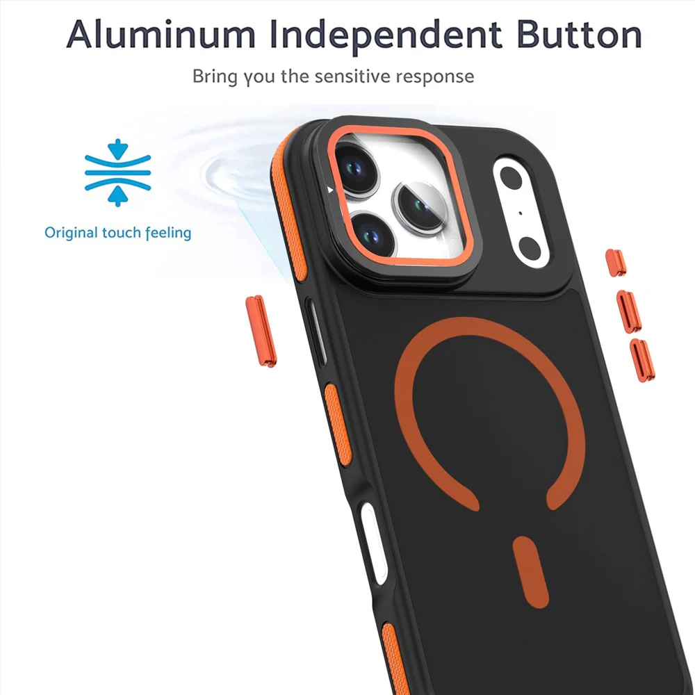 For iPhone 17 Pro Max Magnetic Case Skin-Touch TPU Acrylic Phone Back Cover with Lens Protector Kickstand - Orange - Image 3