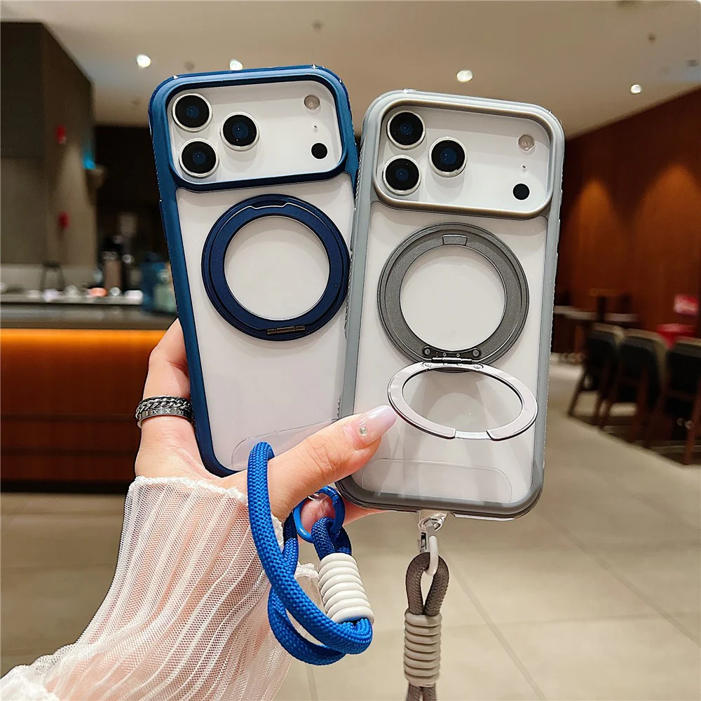For iPhone 17 Pro Max Magnetic Case Stress Relief Kickstand TPU + PC Transparent Phone Cover with Wrist Strap - Black - Image 5
