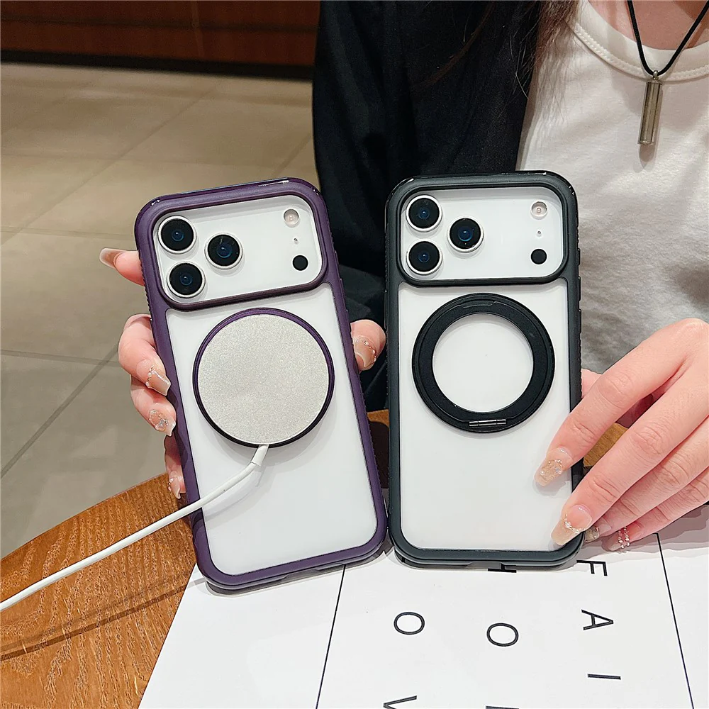 For iPhone 17 Pro Max Magnetic Case Stress Relief Kickstand TPU + PC Transparent Protective Phone Cover - Coffee - Image 6