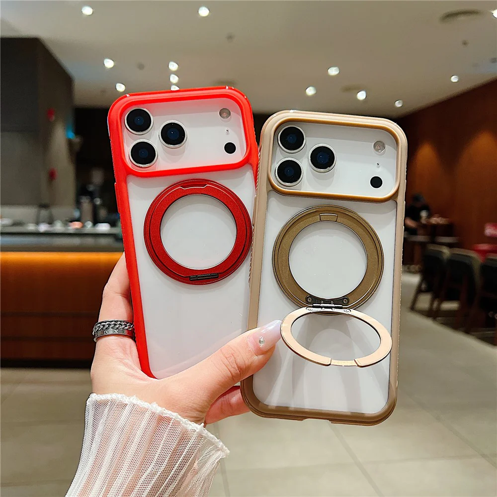 For iPhone 17 Pro Max Magnetic Case Stress Relief Kickstand TPU + PC Transparent Protective Phone Cover - Pink - Image 4