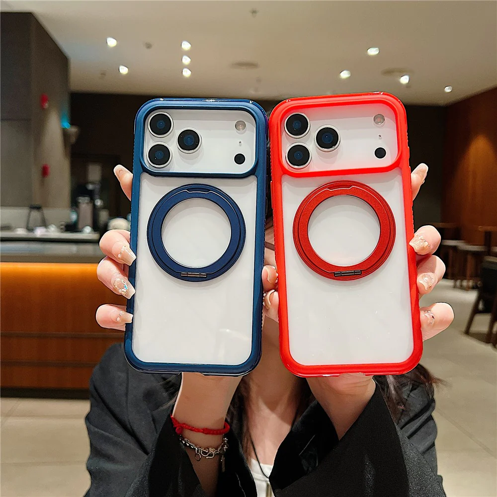 For iPhone 17 Pro Max Magnetic Case Stress Relief Kickstand TPU + PC Transparent Protective Phone Cover - Sapphire - Image 5
