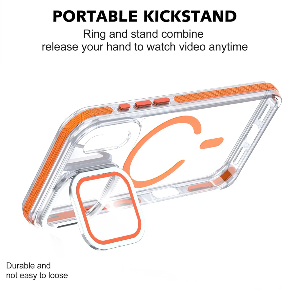 For iPhone 17 Pro Max Magnetic Case TPU Acrylic Clear Phone Back Cover with Lens Protector Kickstand - Orange - Image 2