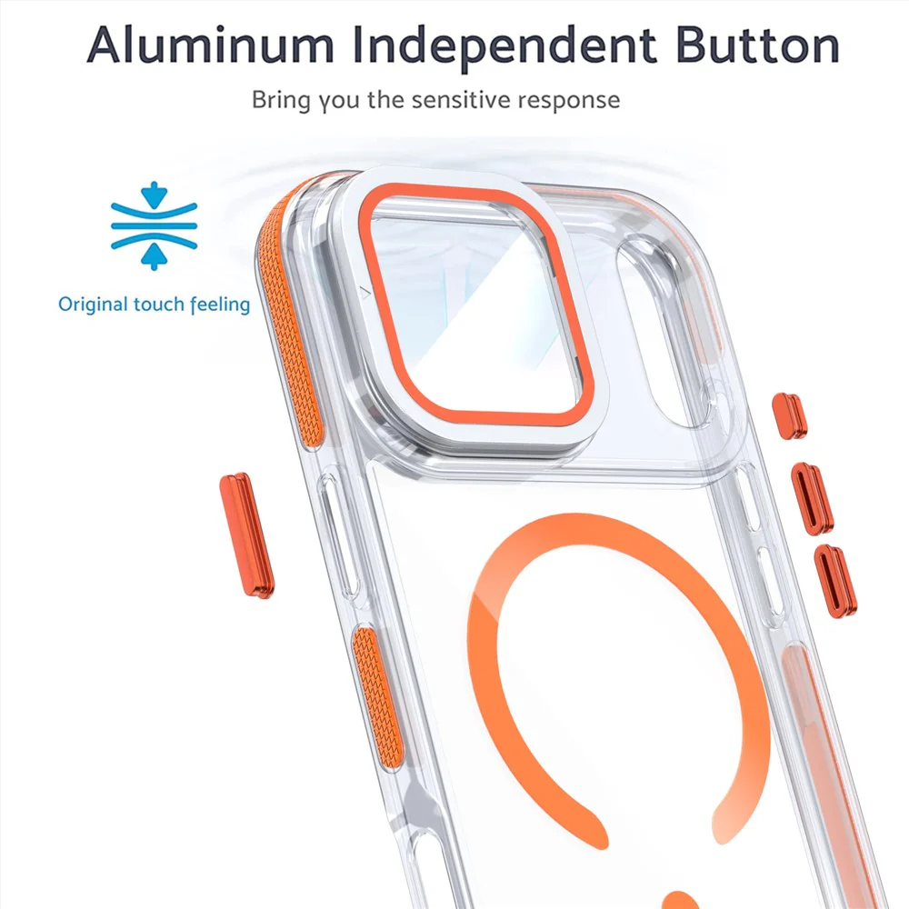 For iPhone 17 Pro Max Magnetic Case TPU Acrylic Clear Phone Back Cover with Lens Protector Kickstand - Orange - Image 3