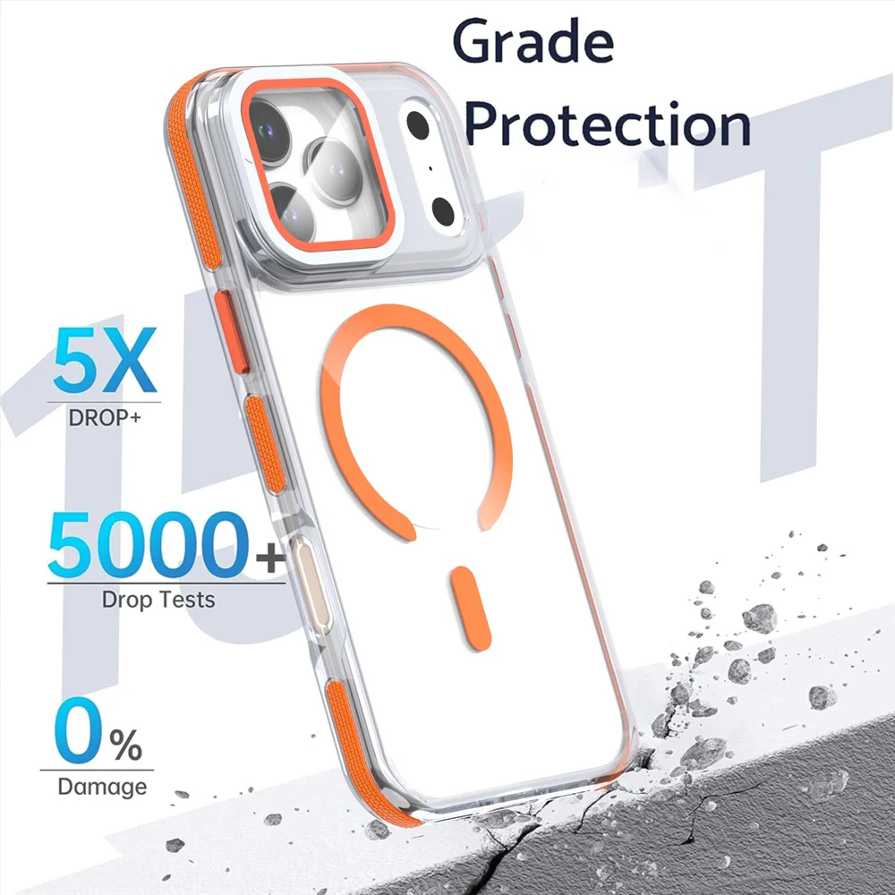 For iPhone 17 Pro Max Magnetic Case TPU Acrylic Clear Phone Back Cover with Lens Protector Kickstand - Orange - Image 4