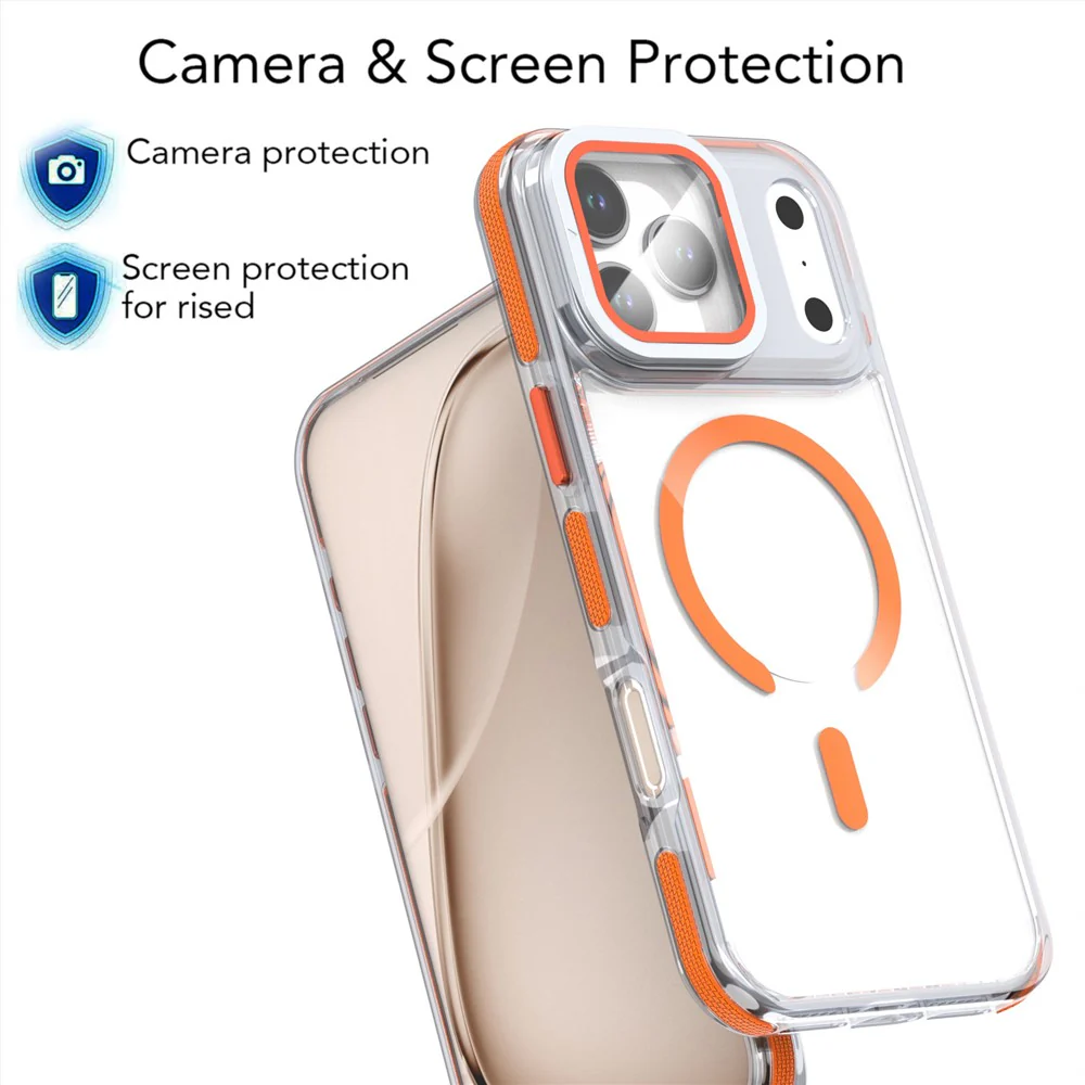 For iPhone 17 Pro Max Magnetic Case TPU Acrylic Clear Phone Back Cover with Lens Protector Kickstand - Orange - Image 5