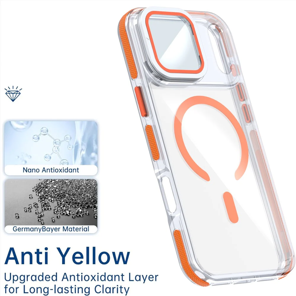 For iPhone 17 Pro Max Magnetic Case TPU Acrylic Clear Phone Back Cover with Lens Protector Kickstand - Orange - Image 6