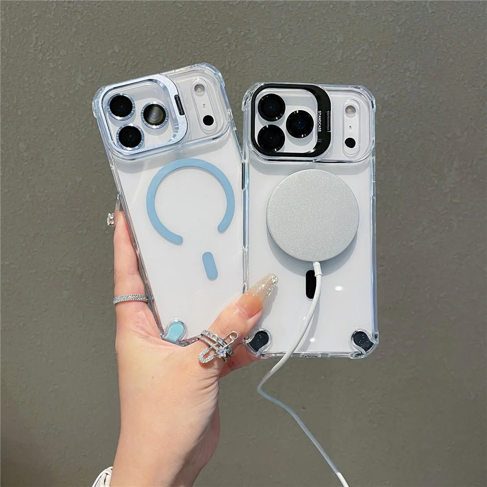 For iPhone 17 Pro Max Magnetic Case TPU PC Clear Kickstand Phone Cover with Tempered Glass Lens Films - Brown - Image 2