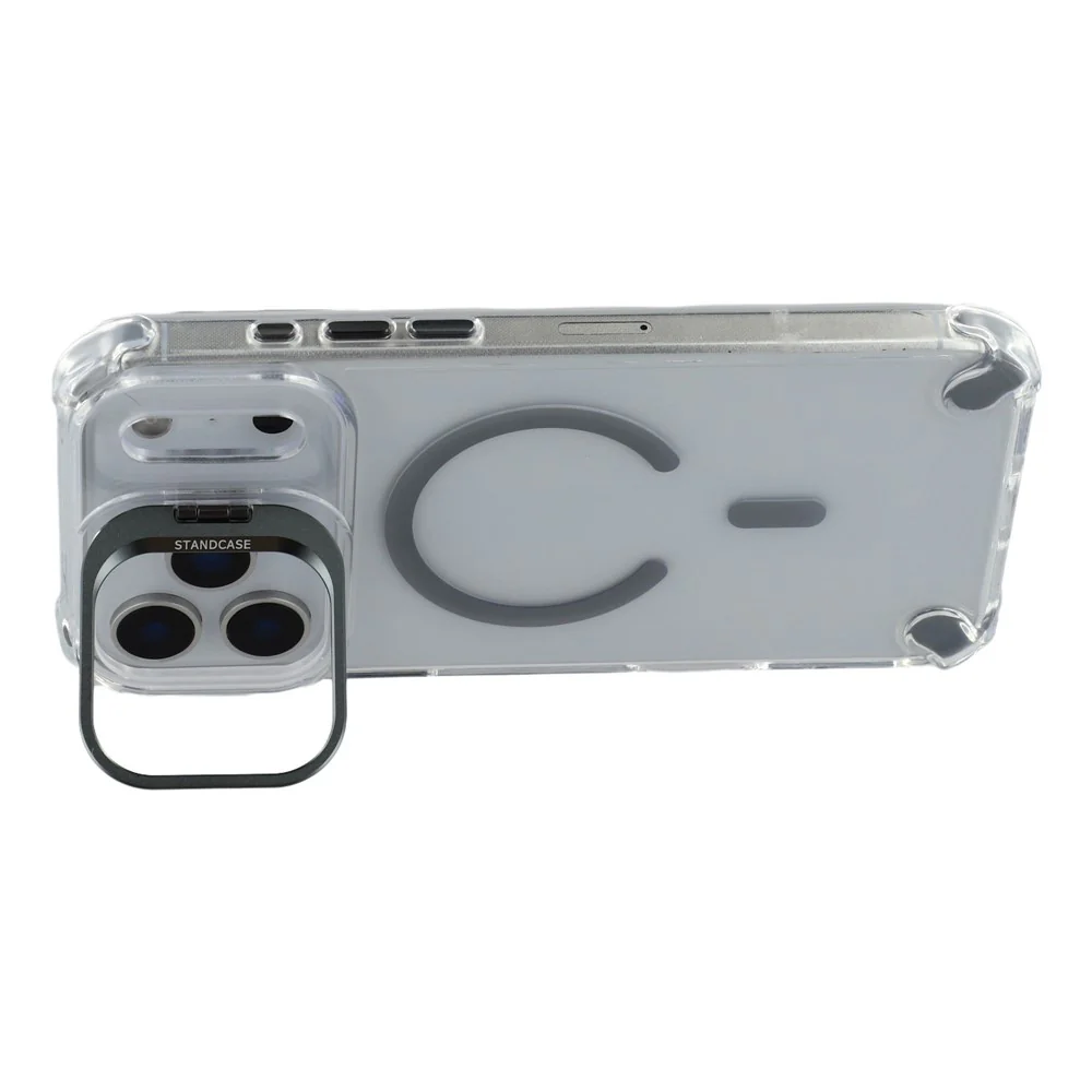 For iPhone 17 Pro Max Magnetic Case TPU PC Clear Phone Cover with Lens Frame Kickstand / Lens Film - Grey - Image 6
