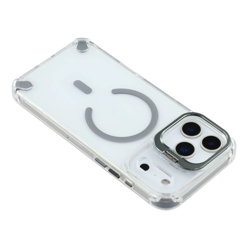 For iPhone 17 Pro Max Magnetic Case TPU PC Clear Phone Cover with Lens Frame Kickstand / Lens Film - Grey - Image 8