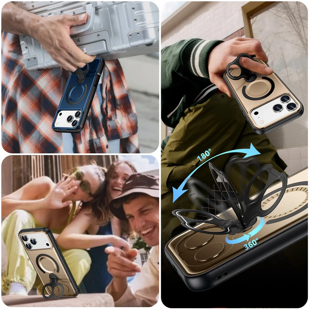 For iPhone 17 Pro Max Magnetic Case TPU + PC Shockproof Phone Cover with Dual Hole Kickstand - Gold - Image 6