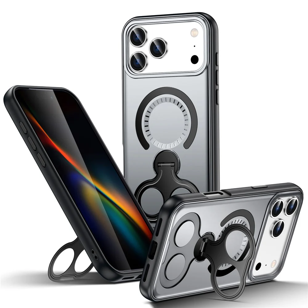 For iPhone 17 Pro Max Magnetic Case TPU + PC Shockproof Phone Cover with Dual Hole Kickstand - Grey