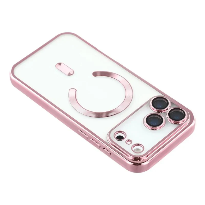 For iPhone 17 Pro Max Magnetic Case WANLONFENG Electroplated TPU Cover with Lens Film + 2Pcs Tempered Glass - Pink - Image 4