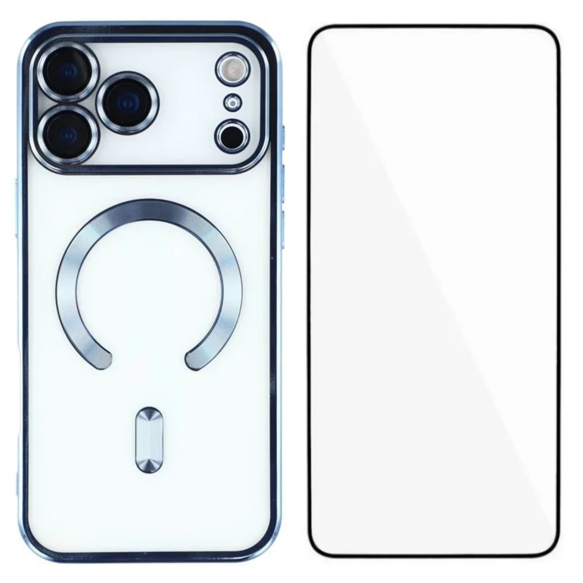 For iPhone 17 Pro Max Magnetic Case WANLONFENG Full Protection Electroplated TPU Cover with Tempered Glass - Blue